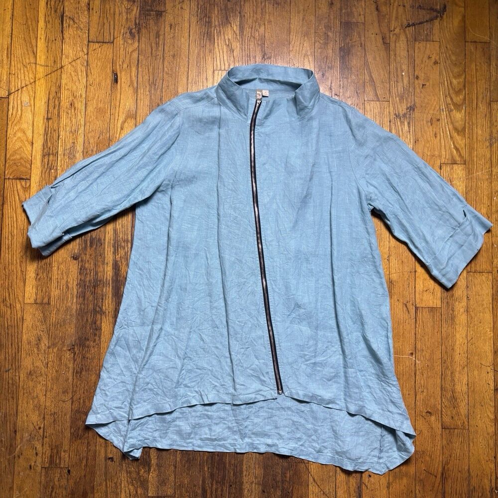 Eileen Fisher Womens Small Linen Jacket Teal Blue Minimalist Zip Front Layering